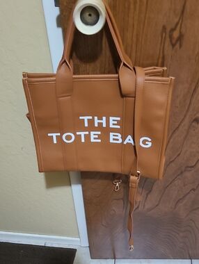 Tan Tote Bag with White Text